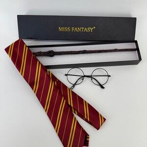 Miss Fantasy Wizard Wand Round Glasses Tie Set Red Yellow Stripes Cosplay